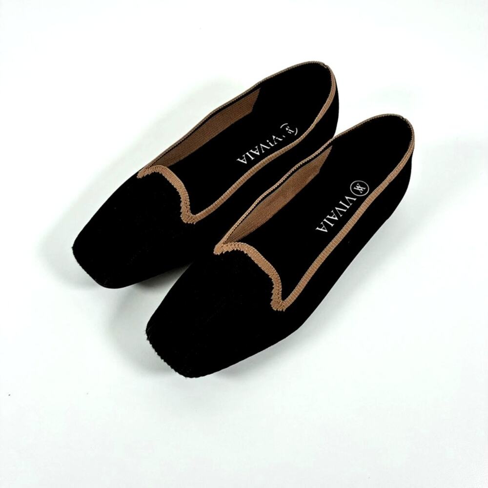 VIVAIA Black with Tan Trim Square Toe Flat Slip On Shoes - EU38; US7-7.5